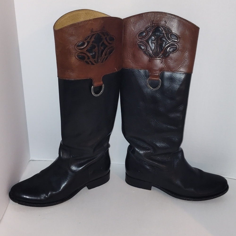 Frye Melissa Logo Monogrammed tall Black Brown Leather Knee High Boots size 7 B